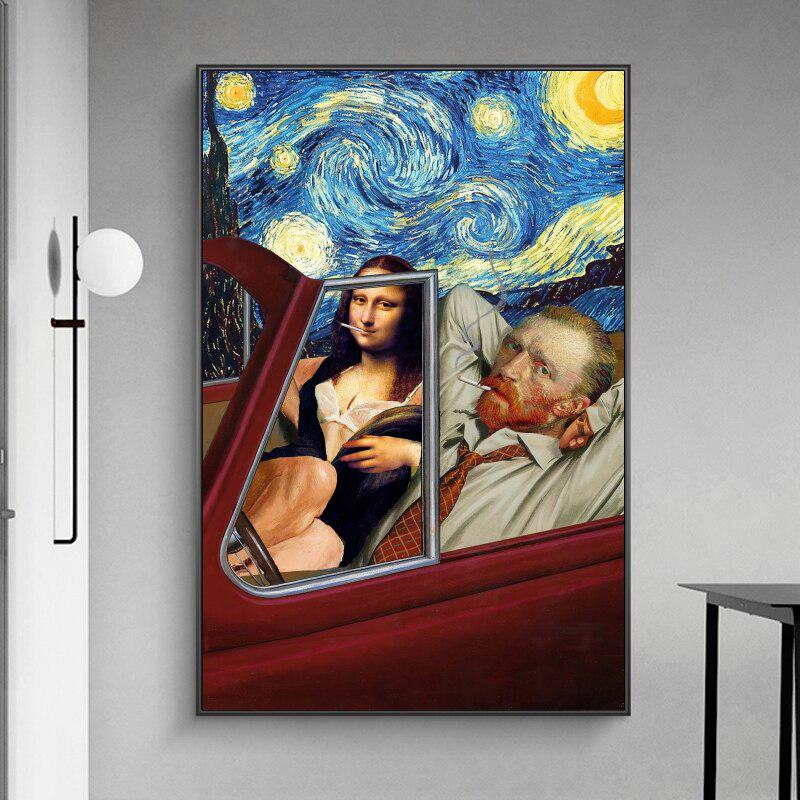 Van Gogh & Mona Lisa Driving Starry Night Canvas Posters | Oil Paintings on Canvas Home Wall Decor | Rebel Aesthetics